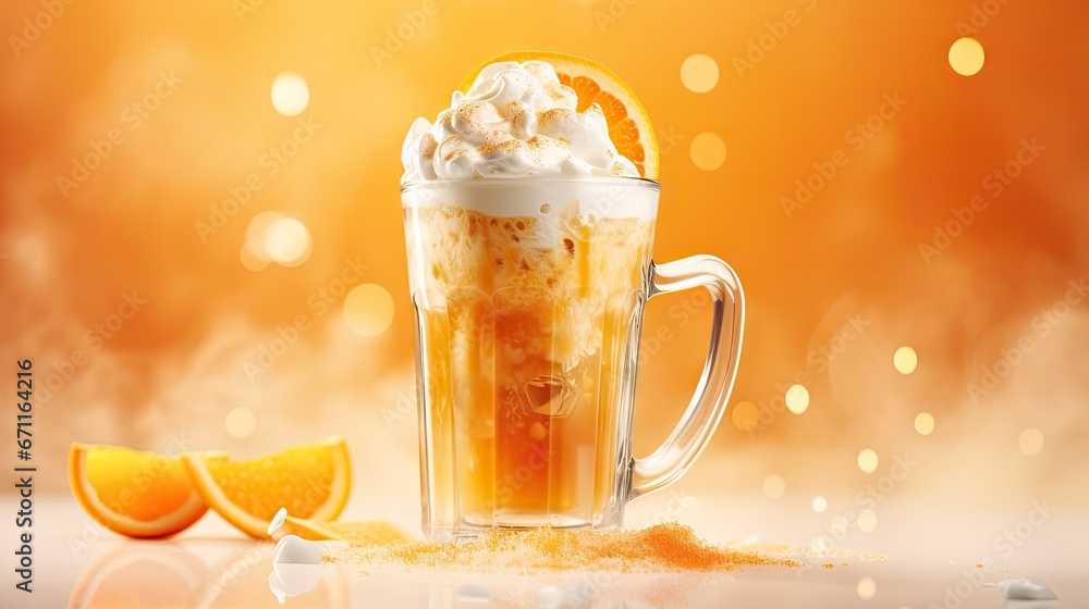 Poster a glass of orange juice with whipped cream and a slice of an orange on a table with a boke of orange