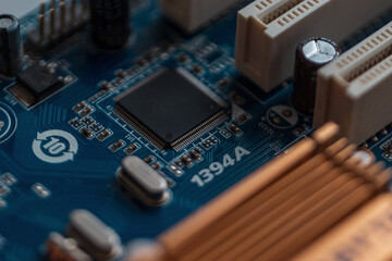 Technology, computer board with chips and transistors, concept. Ai and hardware. Silicon