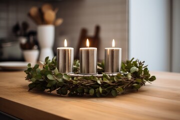 A wreath with three silver candles on a kitchen counter