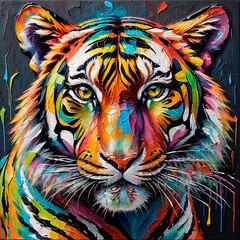 Head portrait painting of colorful tiger. Generative AI art