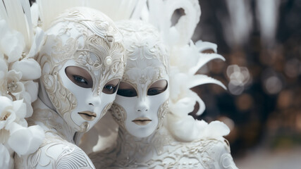 Venetian people in carnival costumes and masks, costumes with white and beige lace, pearls, crystals
