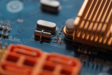 Motherboard with chip, transistor and processor, macro. Hardware and AI