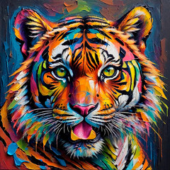 Head portrait painting of colorful tiger. Generative AI art