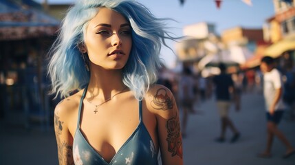 Beautiful young woman with striking blue hair and tattoos, generative ai - obrazy, fototapety, plakaty