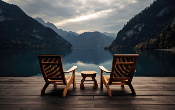 Wooden chairs on the wooden deck of a lake