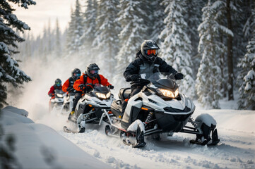 Snowmobilers navigating through a snowy forest, showcasing the excitement of winter sports. Generative Ai