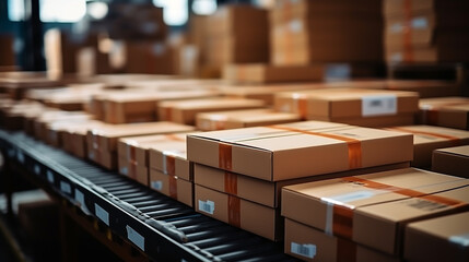 Boxes on conveyor belt in warehouse. Closeup of box packages seamlessly moving along a conveyor belt in a warehouse. High quality photo.