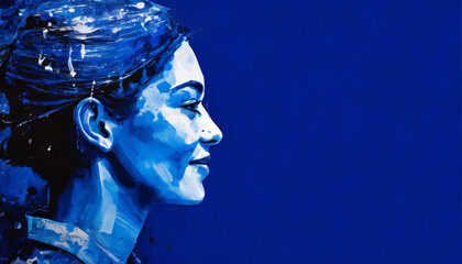 Blue indigo neutral partial cool splash face on a dark blue background - obrazy, fototapety, plakaty
