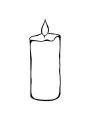 Black and white illustration of a burning candle, hand-drawn, vector. A festive, romantic element is an element for design and decoration.