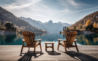 Wooden chairs on the wooden deck of a lake