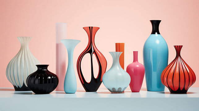 A Series Of Vases Of Various Sizes And Shapes And Colors; All Unique Designs And Original, Against Soft Peach Pink Background