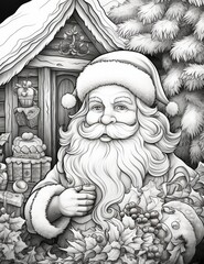 A black and white drawing of a santa clause, coloring book for adults.