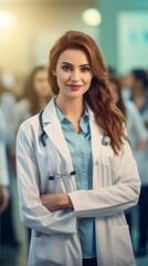 Pretty woman doctor standing in a hospital with a group of staff