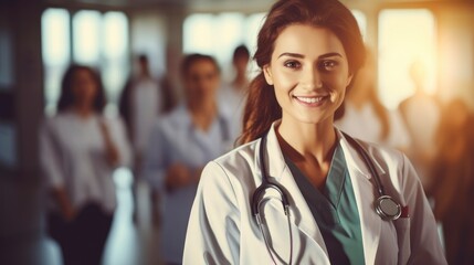 Fototapeta premium Pretty woman doctor standing in a hospital with a group of staff