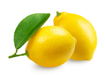 Lemon isolated. Two fresh lemons with leaves on a transparent background. - obrazy, fototapety, plakaty
