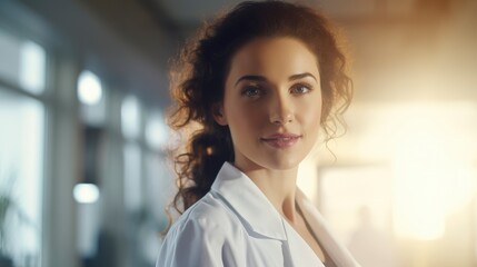 Close up portrait of positive young beautiful woman doctor
