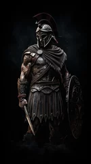 Fotobehang Portrait of a brave spartan warrior with sword and shield standing on dark background. Ancient sparta concept, vertical design © Mrt