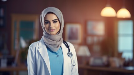 Fototapeta na wymiar Young pretty arab woman doctor in medical class portrait