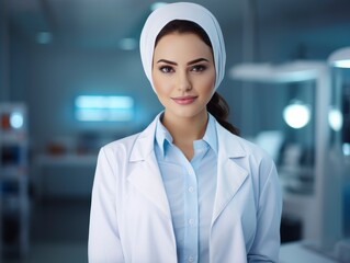 Fototapeta premium Young pretty arab woman doctor in medical class portrait