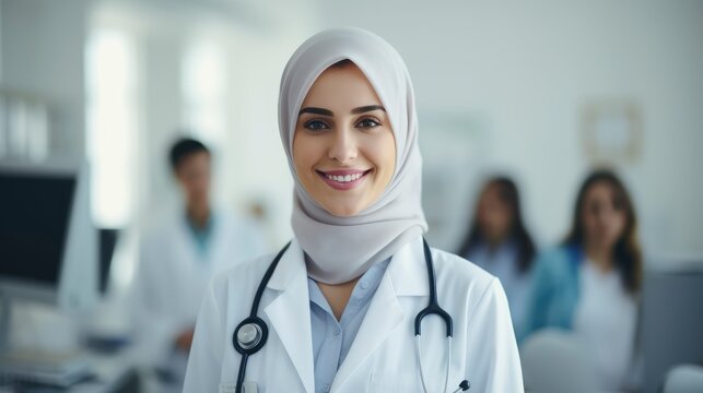 Young pretty smiling arab woman doctor portrait