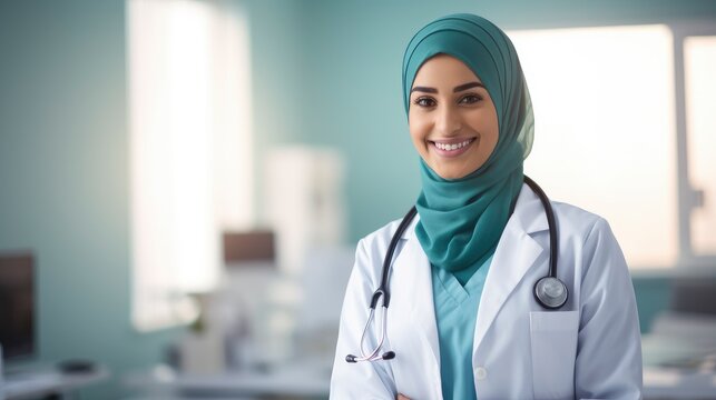 Young pretty smiling arab woman doctor portrait