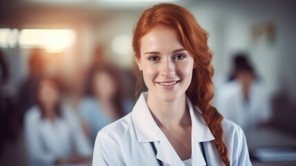 Fototapeta premium Young pretty smiling redheaded woman doctor portrait