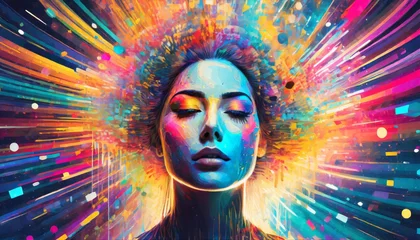 Fotobehang Vibrant explosive depiction human mind bursting with a spectrum, creative thoughts and ideas © CreativeStock