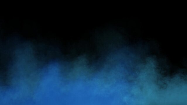 blue fog in slow motion on black background. realistic atmospheric blue smoke on dark background. blue fume slowly floating rises up
