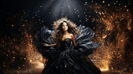 fantasy mysterious woman dark queen bare long sexy luxurious black dress silk fly wind, Elegant hairstyle gothic lady. - obrazy, fototapety, plakaty