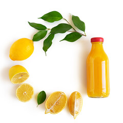 Fresh ripe citrus fruits with a bottle of juice 
