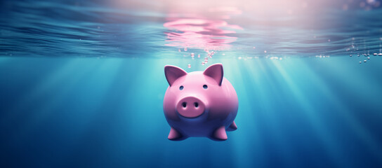 Pink piggy bank sinks underwater, drowning to the bottom of sea water - Concept of investment failure, financial risk, debt problem, bankruptcy, economy crisis - obrazy, fototapety, plakaty