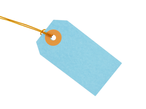 pastel blue price tag with gold strings isolated on transparent