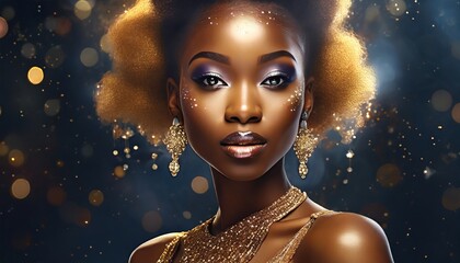 Portrait closeup Beauty african woman face in gold paint. Golden shiny skin. Fashion model girl posing. - obrazy, fototapety, plakaty