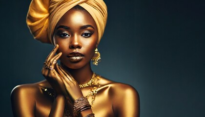 Portrait closeup Beauty african woman face in gold paint. Golden shiny skin. Fashion model girl posing.