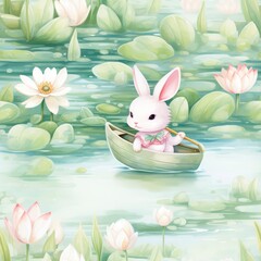 Photo of a watercolor seamless repeating pattern of bunny sailing in a tiny boat