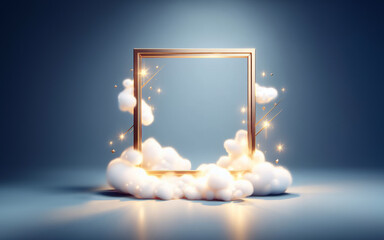 Luxurious golden photo frame floating on clouds 3D illustration sparkling light