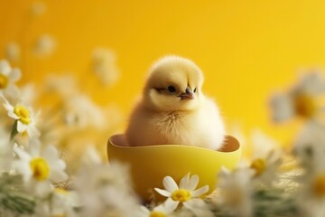 Yellow cute little chicken, chicken eggs, spring flowers on yellow background. Easter holiday concept, postcard