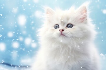 Cute white fluffy little kitten sitting in the snow. Falling snowflakes, kitten in winter. Beautiful card with a cat