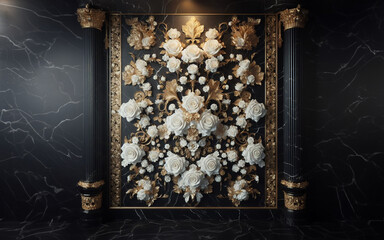 white rose backdrop On a black marble floor with a gold pattern luxurious decorative background