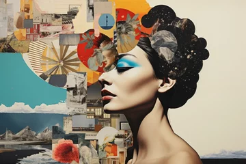 Fotobehang Modern pop art paper collage portrait of young woman contemporary abstract poster. Retro concept © Cherstva