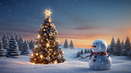 Christmas winter background with snow and bokeh.Tree decorated with red balls and gift box