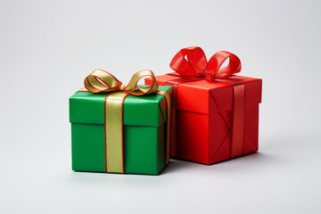 Obraz premium Two festive gift surprise Christmas birthday pack box with ribbon and bow on light background. Winter holiday concept