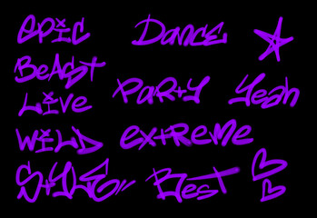 Collection of graffiti street art tags with words and symbols in violet color on black background