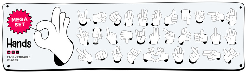 Obraz premium Mega set of Cartoon comic hands gestures with different signs and symbols. Gesturing human arms in doodle style. Hands poses. Vector illustration