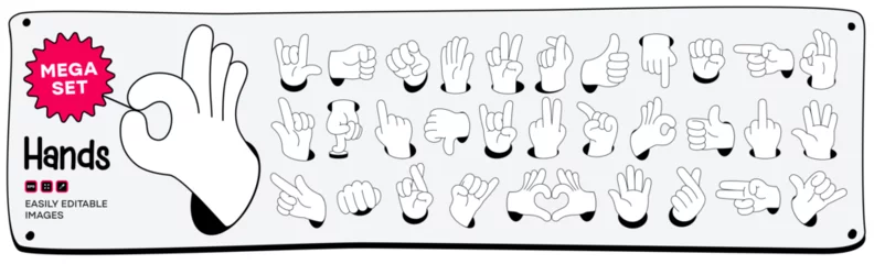 Fotobehang Mega set of Cartoon comic hands gestures with different signs and symbols. Gesturing human arms in doodle style. Hands poses. Vector illustration © Pro_Vector