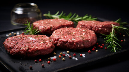 Raw beef hamburger patties with herbs and spices on dark slate plate