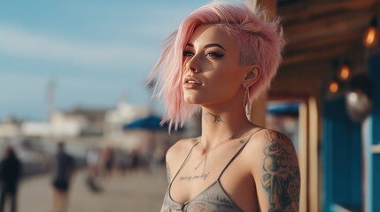 Beautiful young woman with striking pink hair and tattoos, generative ai
