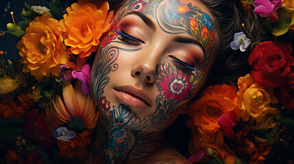 Tattooed Woman Among Flowers