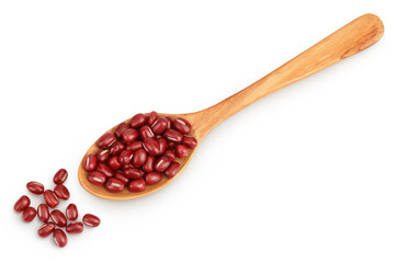 Red adzuki beans in wooden spoon isolated on white background. Top view. Flat lay.