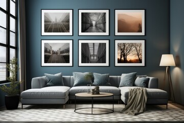 Interior poster mock up with six empty wooden frames, gray sofa, plant and lamp in living room with white wall. 3D rendering.